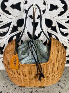 Amanda Smith Tan Wicker Basket Drawstring Bag with Light Blue Floral Liner